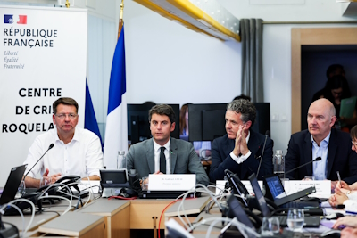 Le Premier ministre Gabriel Attal au Centre olympique Roquelaure (COR) suite aux sabotages sur le réseau SNCF. Crédits : Terra