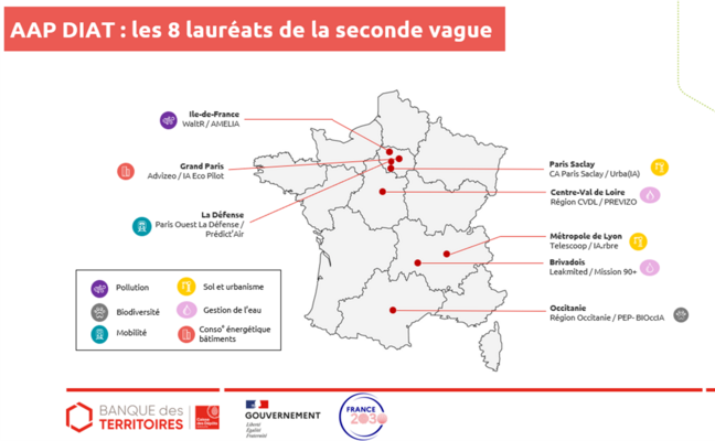 Carte de France avec les différents lauréats de l'AAP DIAT